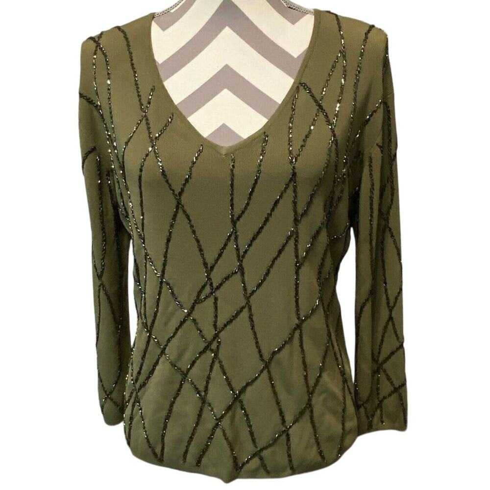 Beaded Vintage Sweater Heavy No Tags Olive Green V Neck Fine Gauge Silk Cotton